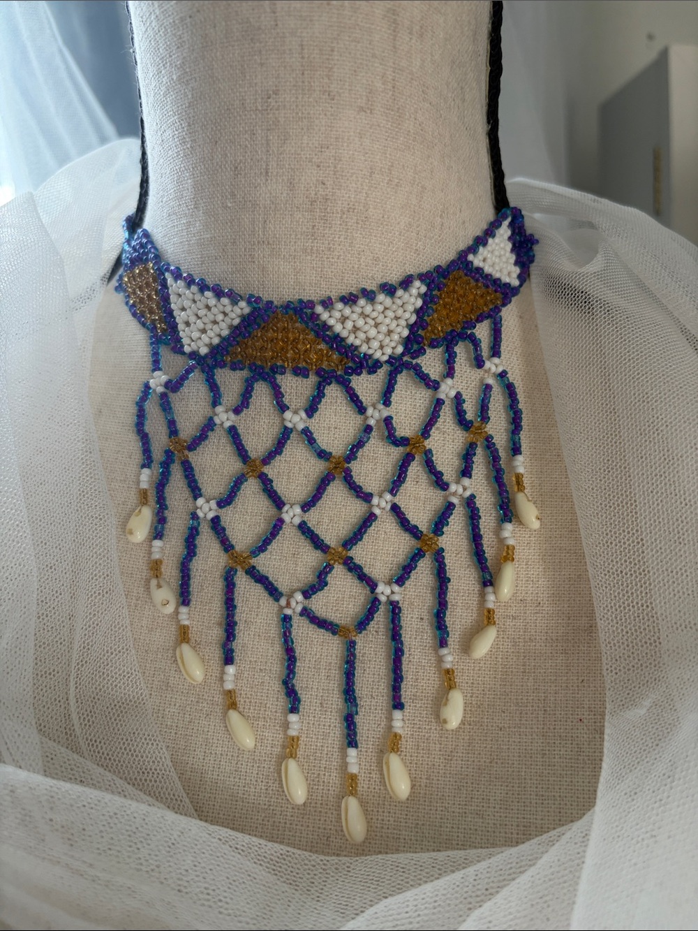 Handmade Blue/Purple & White Beaded Fringe Choker